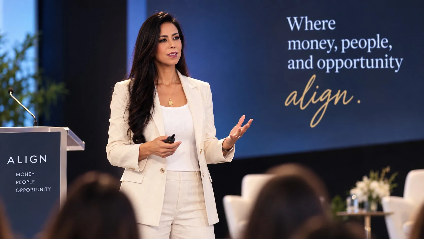 Rebekah Samples on stage beside a screen that reads: Where money, people and opportunity align