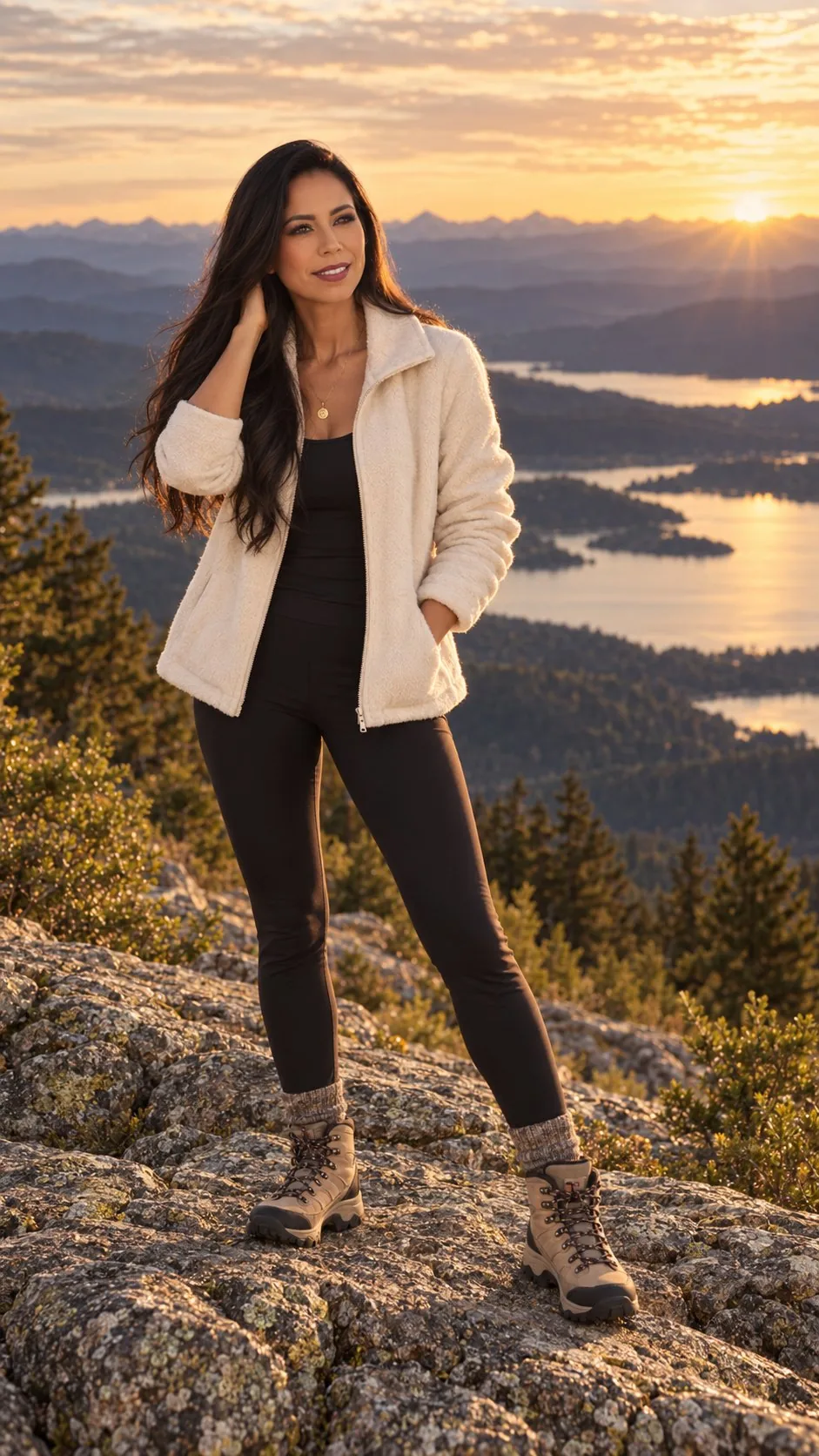 Rebekah Samples standing above a mountain lake
